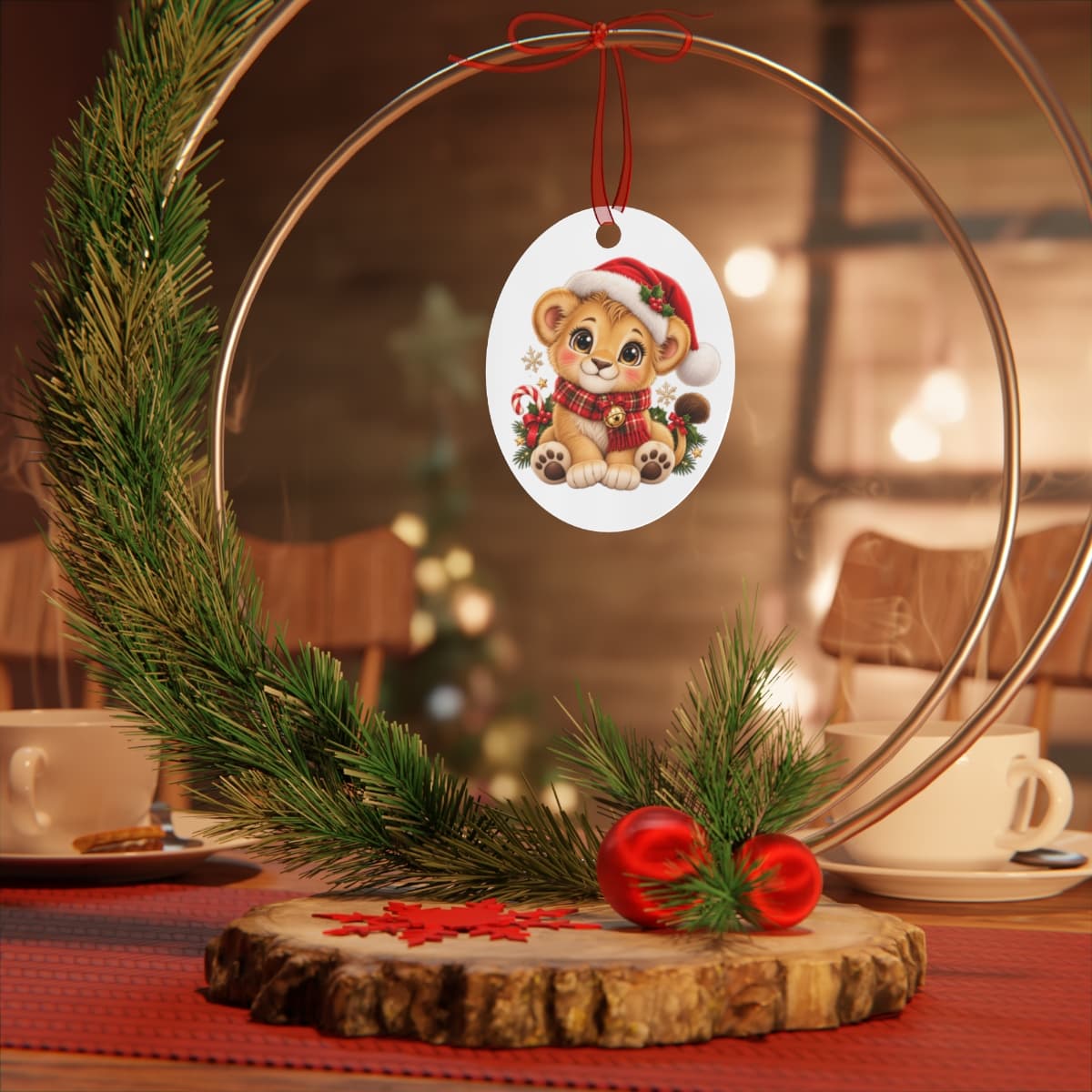 Santa Lion Cub & Penguin — Double-Sided Metal Ornament 5